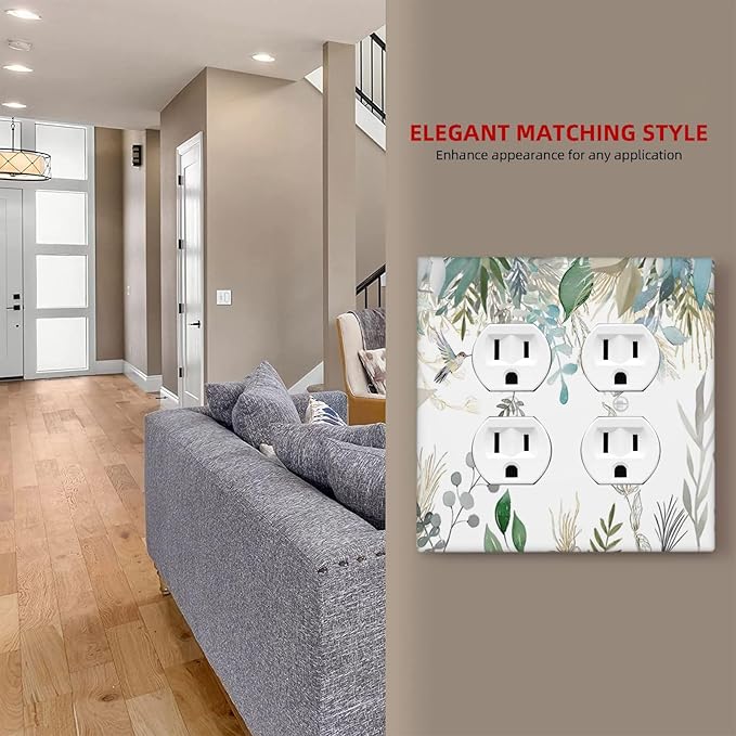 Green Tropical Palm Leaves Flower Plants Hummingbird Outlet Covers 2 Gang Double Duplex Decorative Light Switch Covers Electrical Wallplates Socket Faceplate for Bed Room Living Room Decor