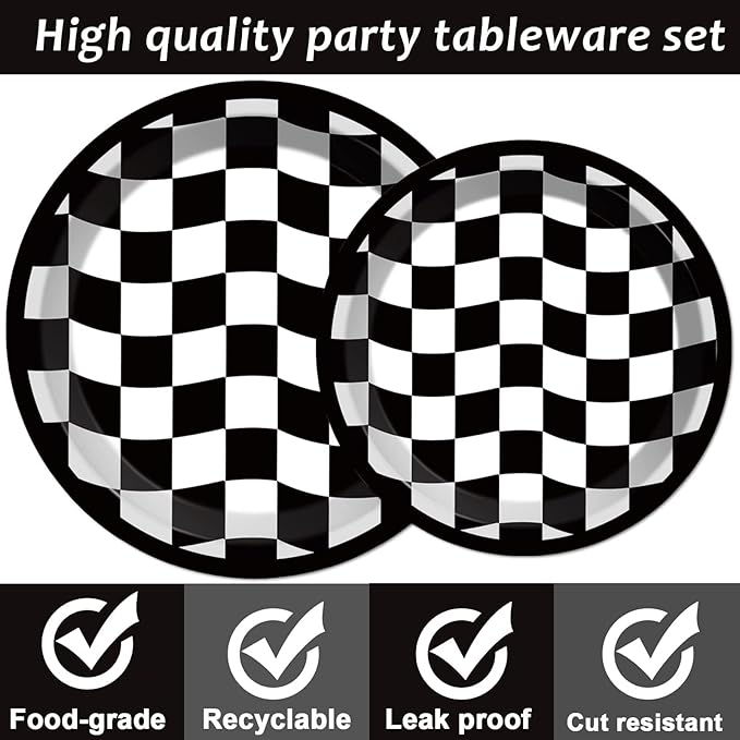 96PCS Race Car Birthday Party Decorations Black and White Checkered Plates Sports Themed Table Supplies Decorations Racing Dessert Plates Napkins Forks for 24 Guests Racing Car Birthday Party Favors