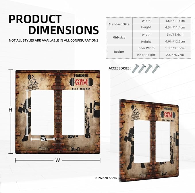 Vintage Gym Retro Brick Dumbbell Muscular Man Double Rocker Wall Plates 2 Gang Light Switch Cover Decorative GFCI Electrical Switchplate Dimmer for Bedroom Boyroom Bathroom Decor