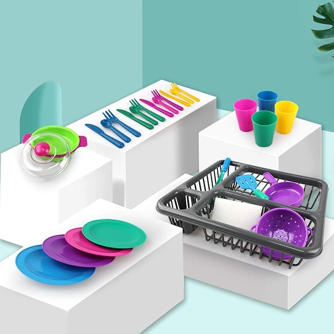 28 PCS Kids Pretend Play Dishes Kitchen Playset - Wash and Dry Dish Rack Toy with Drainer, Kitchen Tableware Sets for Toddlers