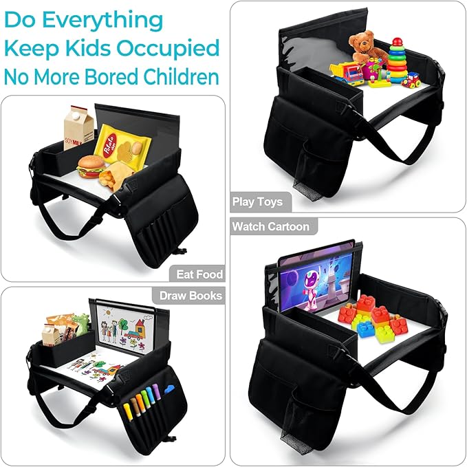 Kids Travel Tray for Car Seat, Carseat Table Tray for Kids Road Trip Activities, Car Trays for Kid Roadtrip Essentials, Toddler Lap Desk Organizer for Airplane - Black
