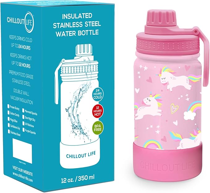 CHILLOUT LIFE 12 oz Kids Insulated Water Bottle for School with Leakproof Spout Lid and Cute Waterproof Stickers, Personalized Stainless Steel Thermos Flask Metal Water Bottle, Pink Unicorn