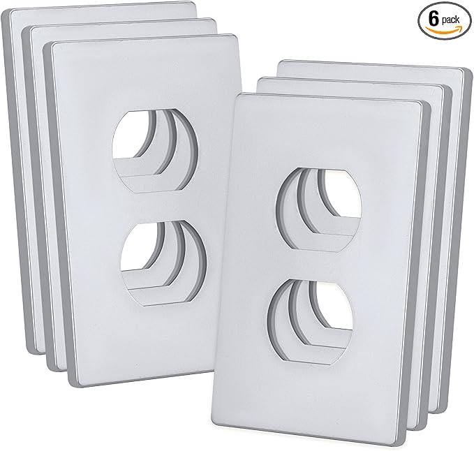 Bates- Screwless Duplex Wall Plate, Standard Size, 4.68" x 2.9", 6 Pack, Silver, 1-Gang Child Safe Receptacle Outlet Cover, Unbreakable Polycarbonate Thermoplastic