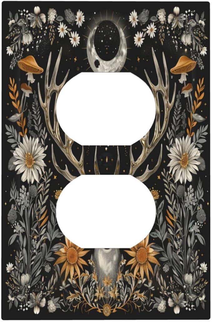 Decorative Outlet Covers Vintage Deer Flowers Moon Natural Plants Floral 1 Gang Duplex Light Switch Cover Plate Electrical Switch plates Wall Plates Receptacle Covers for Bathroom Bedroom