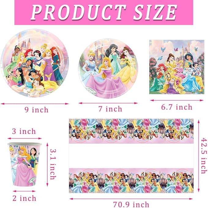 Princess Party Tableware Set, 82 PCS Princess Birthday Supplies Includes 40 Plates, 20 Napkins, 20 Cups, 2 Tablecloth for Birthday Party Decorations