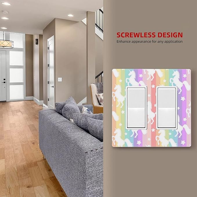 Colorful Kids Girl Cute Rainbow Purple Pink Yellow Stripes Unicorn 2 Gang Screwless Double Decorator/GFCI Wall Plate Rocker Outlet Light Switch Decorative Two Dual Device Receptacle Face Plate Cover