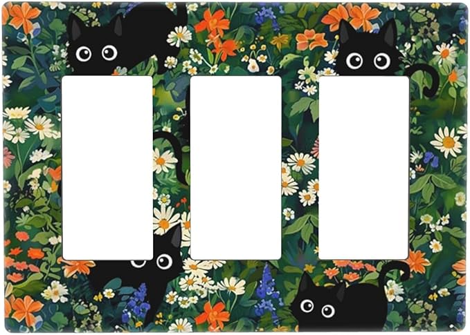 Black Boho Green Leaves Floral Triple Decorator Light Switch Cover 3 Gang GFCI/Rocker Wallplate Decorative Electrical Faceplate Switchplate Dimmer Screwless