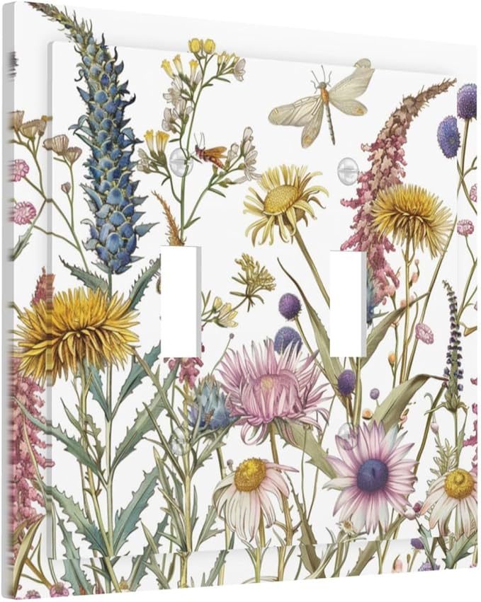 Light Switch Cover Plate Botanical Wildflowers Dragonfly Colorful Floral 2 Gang Double Toggle Decorative Switch Plates Wall Plates Electrical Faceplate for Bathroom Bedroom Decor