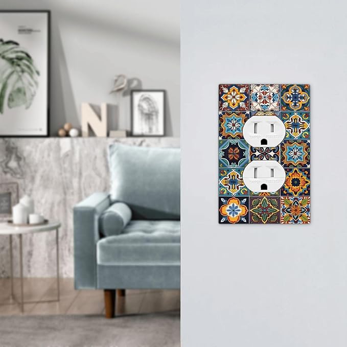 Mexican Talavera Tiles Floral Outlet Covers 1 Gang Duplex Light Switch Cover Decorative Switch Plates Electrical Receptacle Faceplate Wall Plate for Bathroom Kitchen Decor