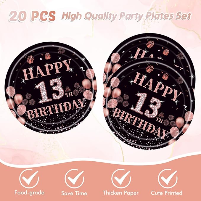 Ryzovo 41Pcs 13th Birthday Decorations for Girls Rose Gold Happy 13 Birth Party Supplies for Her Including Tablecloth,Plates,Napkins, 13 Year Old Girl Birthday Tableware for Sweet Teenager Party
