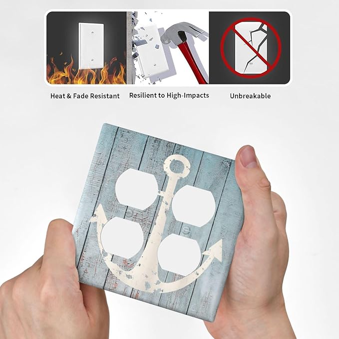 Anchor Rustic Sailing Nautical Wooden Planks Marine Outlet Covers 2 Gang Double Duplex Decorative Light Switch Covers Electrical Wallplates Socket Faceplate for Bathroom Farmhouse Decor