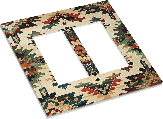 Decorative Outlet Covers Southwest Rustic American Indian Aztec Boho 2 Gang Double GFCI Rocker Electrical Wall Panels Light Switch Cover Plate for Bed Room living Room Decor