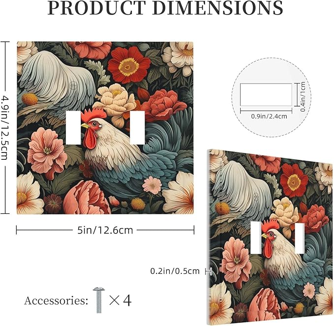 Decorative Switch Plates Rooster Flowers Red White Chicken Floral 2 Gang Double Toggle Outlet Light Switch Cover Wall Plate Electrical Faceplate for living Room Farmhouse Decor