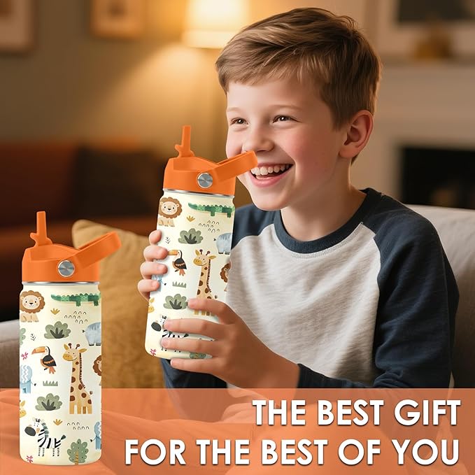 16oz Kids Wild Animal Water Bottle with Straw Lid, Stainless Steel Insulated Tumbler, Leakproof, BPA-Free, for Boys & Girls, Travel - Forest Friends Nature Lovers Birthday Gift Cup (1pc)