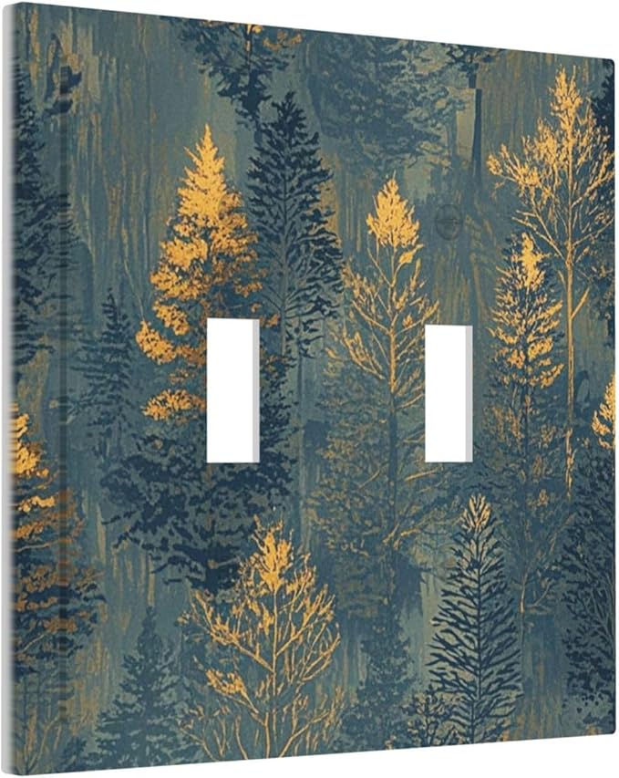 Decorative Switch Plate Cover with Golden Trees & Abstract Gradient Forest Landscape Design 2 Gang Wall Plate Unique Double Toggle Double Light Switch Covers for Blue Retro Home Decor