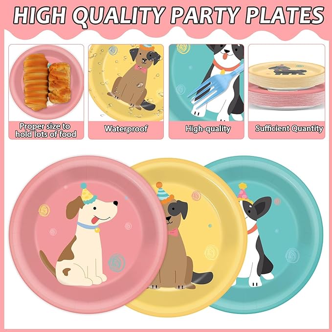 96Pcs Pet Dog Birthday Party Supplies Retro Puppy Themed Paper Plates Napkins Vintage Puppy Face Party Tableware Disposable Pet Dinnerware Decoration Set for Kids Birthday Baby Shower Table Decor
