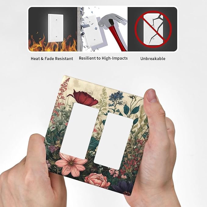 Decorative Outlet Covers Rustic Wildflower Red Floral Green Plant 2 Gang Wall Plate Double Rocker Two Switch Wall Cover Plate Jumbo Dual Electrical GFCI Face Plate