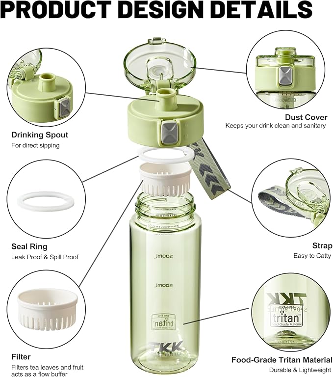 TKK Sports Water Bottle, 17oz Tritan Kid Jug with Leak Proof Lid & Handle Strap & Built-In Infuser - BPA-Free, Easy-Clean Design for Gym, Office & Outdoor Travel, Light Green