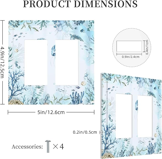 Decorative Outlet Covers Jellyfish Teal Blue Ocean Turtle Coastal Beach 2 Gang Double GFCI Rocker Electrical Wall Panels Light Switch Cover Plate for Bedroom Bathroom Decor