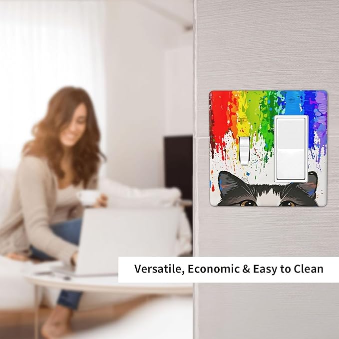 Cat Rainbow Single Toggle Rocker Combination Wall Plate Decorative 2 Gang Light Switch Covers Electrical Switchplate Home Decorate Faceplat for Bathroom Bedroom Kitchen Room 4.5 x 4.5 Inch