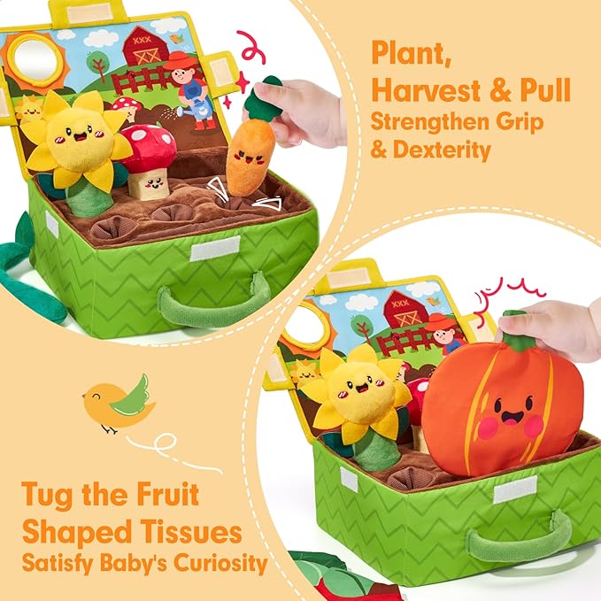 hahaland Baby Toys 6-12 Months - Fruits Vegetables Garden Plant Plush - 6 Month Old Toys Montessori Sensory Toy Carrot Flower with Rattles Mirror Squeaker Textures Crinkle Tissues, Baby Gifts 9 Month
