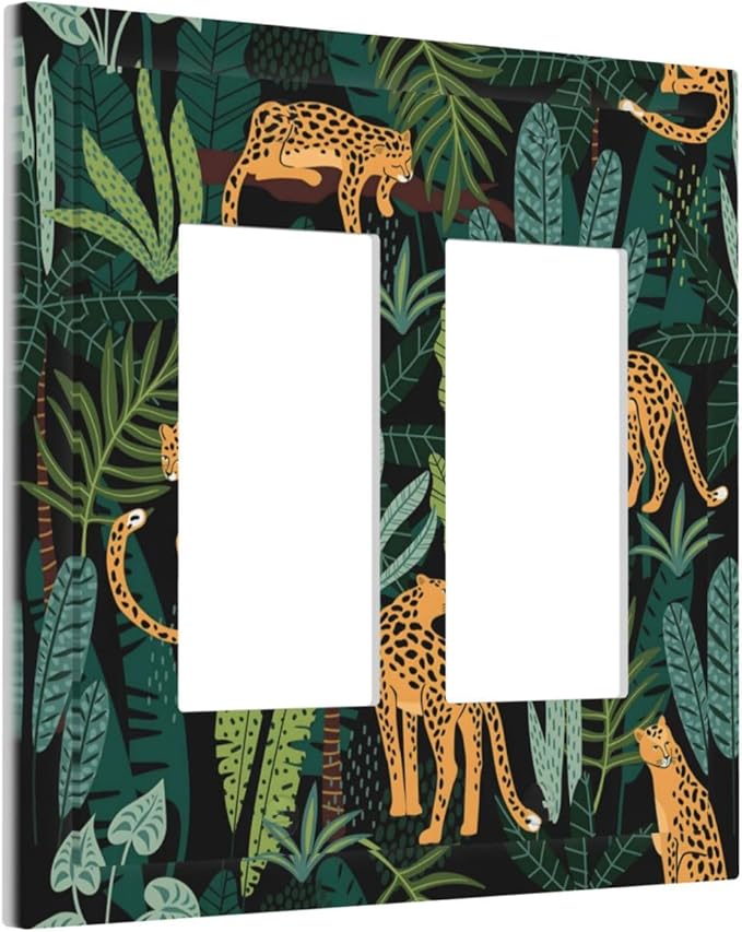Jungle Cheetah Tropical Wildlife Leopard Green Palm Leaf Decorative Outlet Covers 2 Gang Double GFCI Rocker Electrical Wall Panels Light Switch Cover Plate for Farmhouse Home Decor