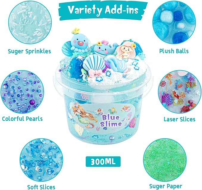10 FL OZ Mermaid Clear Slime Kit, Blue Slime Bucket, Slimes Party Favors for Kids, Glimmer Crunchy Slimes Includes 9 Packs of Add-ins, Sensory Experience DIY Toys for Girls and Boys Ages 8-12