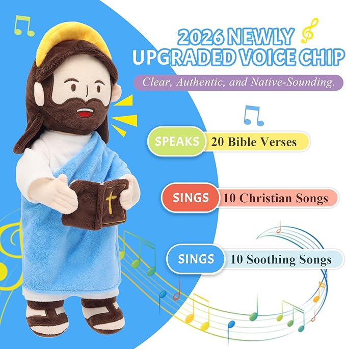 Yelakey Jesus Plush Talking Doll with Halo,Speak 20 Bible Verses & 20 Songs,13.4" Interactive Hymn Stuffed Plushie Perfect Religious Gift for Kids Sunday School & Easter Celebrations