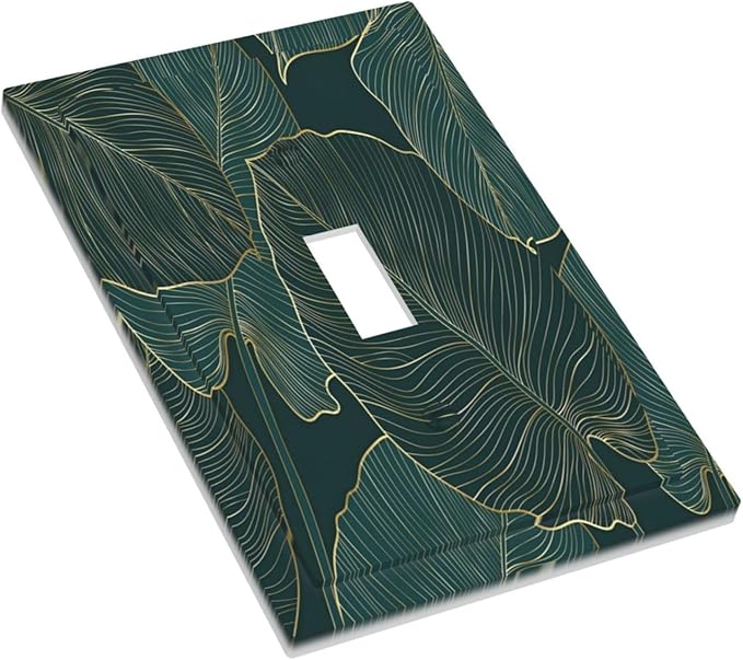 Gold Tropical Green Botanical Palm Leaves Decorative Light Switch Cover 1 Gang Single Toggle Device Electrical Faceplate Switchplates Decorator Outlet Wall Plate for Bedroom Living Room Decor