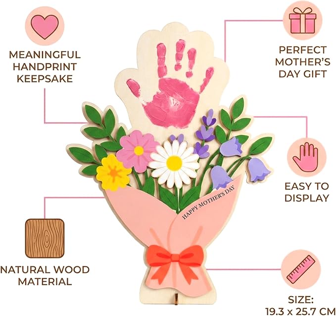 HYPERI DIY Mothers Day Crafts for Kids Handprint Art, Handprints Wooden Rose Flower Bouquet, Mothers Day Gifts for Mom from Kids, for Grandma from Grandkids, Mothers Day Keepsake Craft (Mom Bouquet)