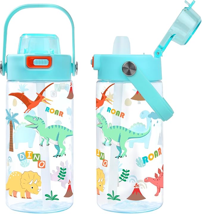 Queenshin Kids Dinosaur Water Bottle 20oz BPA Free Tritan Boys Girls School Outdoor Sports Leak Proof Water Cup with Straw Lid Handle Pop-Up Spout Cover