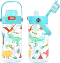 Queenshin Kids Dinosaur Water Bottle 20oz BPA Free Tritan Boys Girls School Outdoor Sports Leak Proof Water Cup with Straw Lid Handle Pop-Up Spout Cover