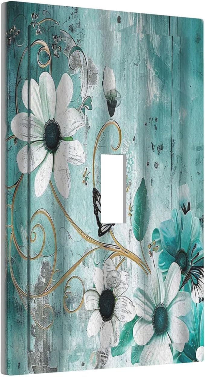 Decorative Switch Plate Covers Turquoise Flowers and Butterflies Rustic Teal White Floral 1 Gang Wall Plate Single Toggle Light Switch Cover Plate Electrical Switchplate Receptacle Faceplate
