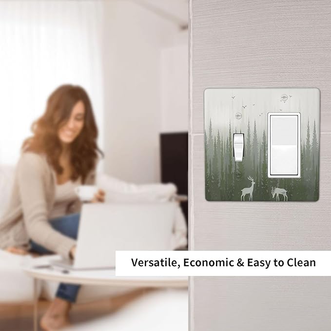 Green Pine Tree Deer Country forest Bird Nature Mist Outlet Covers 1 Toggle 1 Rocker Combination Electrical Switch Plates Light Switch Cover Plate Decorative Wall Plate for Bedroom Home Decor