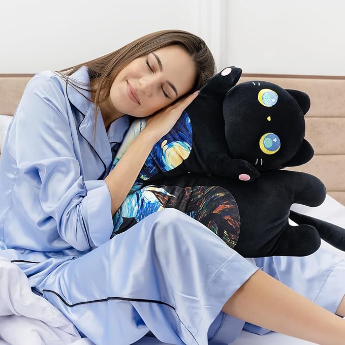Mewaii Long Cat Plush 5 Sizes, 120% Extra Filling Giant Plushness Kids Body Pillow, Kawaii Cute Black Starry Cat Stuffed Animals Plushies, Big Long Body Pillow Plush Gift for Girls 53”