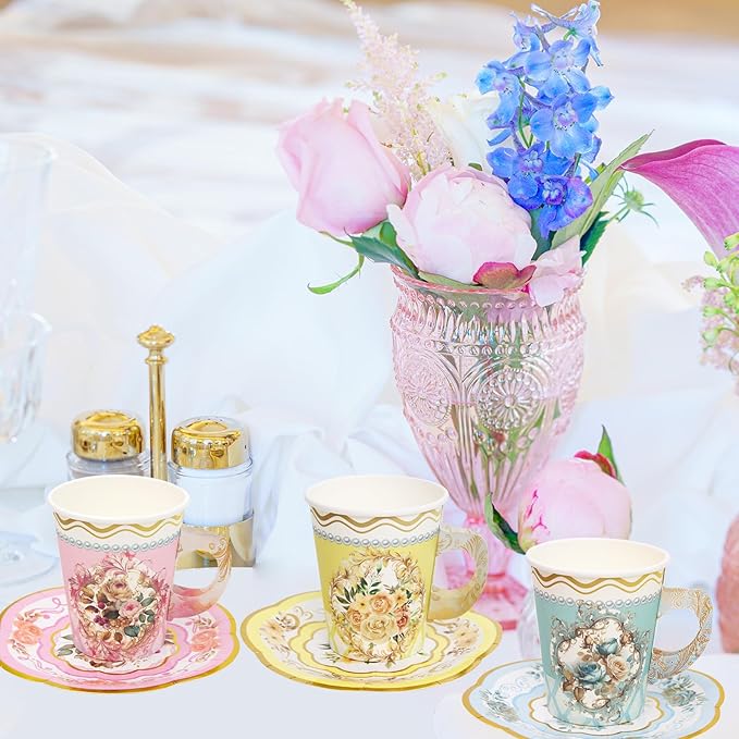 WorldBazaar Tea Party Supplies Floral Party Dinnerware 12 Set Paper Tea Cups and Saucers, Plates Napkins Tablecloth Birthday Table Decorations Girls Kids Adults Woman