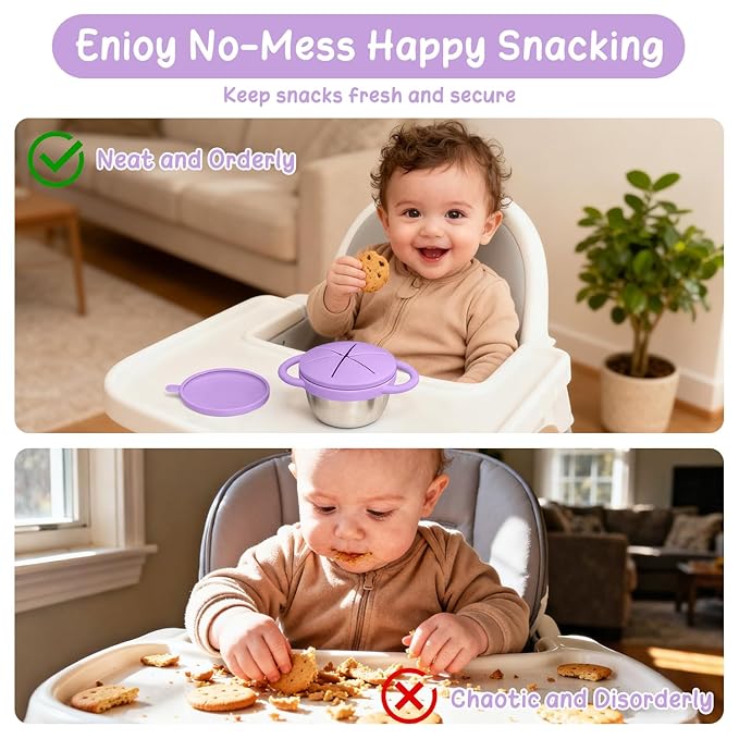 2 Pack Baby Stainless Steel Snack Containers for Kids with Spill Proof Food Grade Silicone Lids & Handles 9 OZ Baby Snack Cups No Spill Toddler Snack Box for Mess-Free Snacking