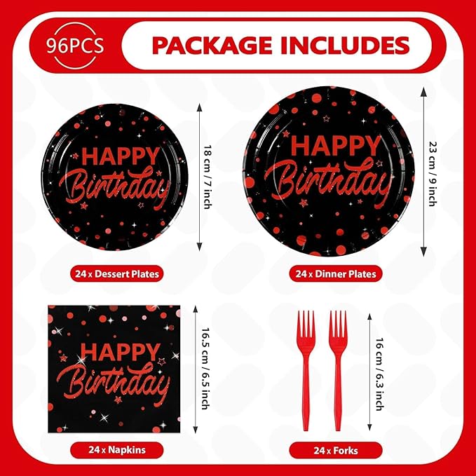 Grencian 96Pcs Red and Black Birthday Party Decorations Red Polka Dots on Black Paper Plates and Napkins Disposable Dessert Tableware for Men Women Birthday Party Graduation Decorations 2026 Serves 24