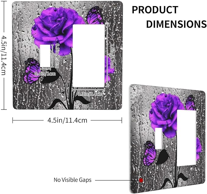 Romantic Purple Butterfly Rose Flower 2 Gang Single Toggle/Decorator Combination Light Switch Cover Decorative Combo 1-Toggle/1-GFCI/Rocker Wall Plate Cover