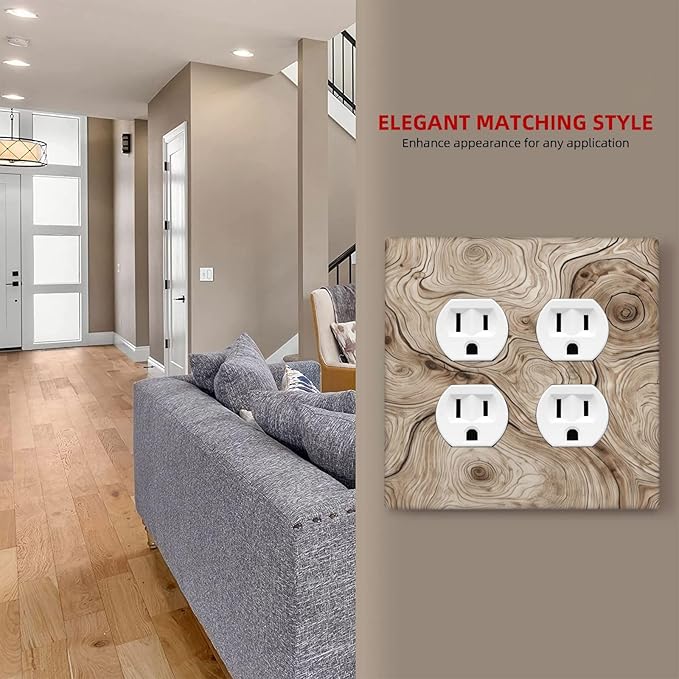 Tree Annual Rings Burl Texture Brown Wood Grain Print Outlet Covers 2 Gang Double Duplex Decorative Light Switch Covers Electrical Wallplates Socket Faceplate for Farmhouse Bedroom Decor