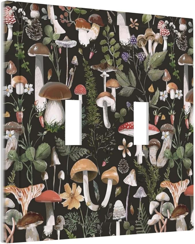 Cute Vintage Gothic Black Boho Mushroom Double Toggle Wall Plate Hippie Bohemian Plant Fungus Forest Floral Botanical Decorative 2-Gang Light Switch Cover Electrical Receptacle Outlet Face Plate Cover
