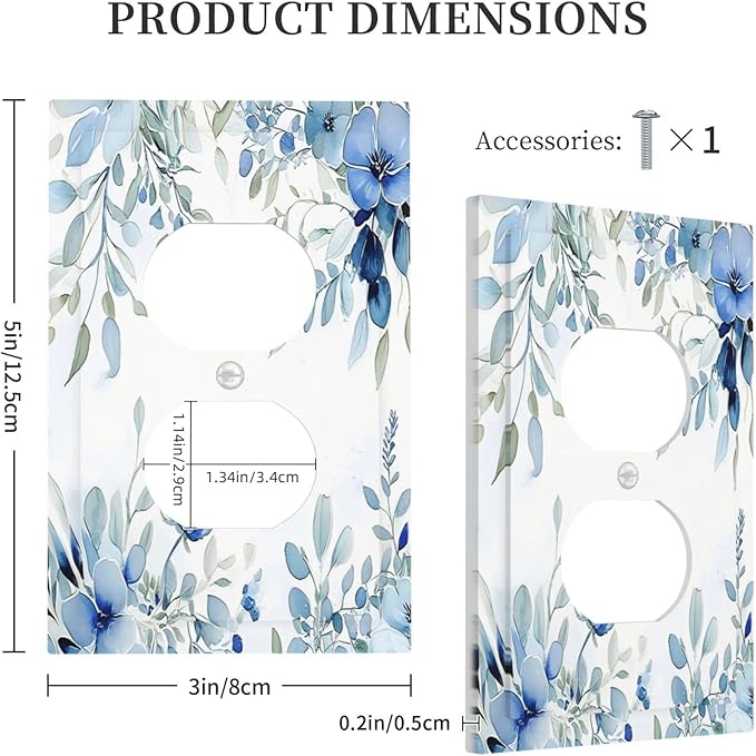 Watercolor Blue Flower Plant Floral Green Leaves Outlet Covers 1 Gang Duplex Light Switch Cover Decorative Switch Plates Electrical Receptacle Faceplate Wall Plate for Bedroom Living Room Decor