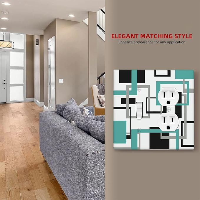 Geometric Turquoise Black Gray Modern Abstract Boho Wallplates 1 Toggle 1 Duplex Switch Plate Electrical GFCI Faceplate Decorative Light Switch Covers for Office Nursery Decor