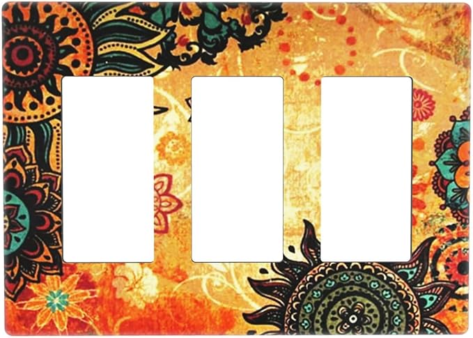 Red Orange Boho Bohemian Flower Floral Triple Decorator Light Switch Cover 3 Gang GFCI/Rocker Wallplate Decorative Electrical Faceplate Switchplate Dimmer Screwless