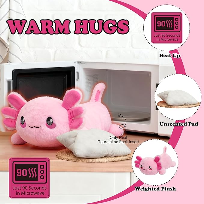 Weighted Heated Axolotl Stuffed Animals – 2.2 Pounds Weighted Microwave Axolotl Plush with Cute Heating Pad Animal of Unscented Warmth Pillow for Period Women Girl Kids Adult Birthday Gift 16 Inch