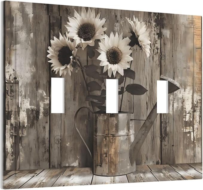 Rustic Floral Country Sunflower Daisy Old Wooden Boards Decorative Switch Plates 3 Gang Wall Plate Triple Toggle Light Switch Cover Faceplate Electrical Wall Panels for Farmhouse Home Decor