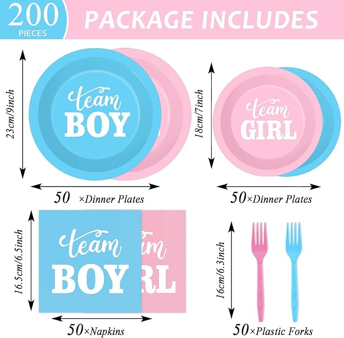 200pcs Gender Reveal Plates Napkins Gender Reveal Paper Tableware Set Blue and Pink Cake Dessert Disposable Dinnerware Boys Girls Party Decoration for Baby Shower Birthday Decor Supplies Serves 50