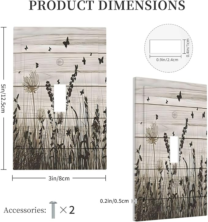 Wildflower Butterfly Grass Dandelion Vintage Wooden Print Decorative Light Switch Cover 1 Gang Single Toggle Device Electrical Faceplate Switchplates Decorator Outlet Wall Plate for Farmhouse Home
