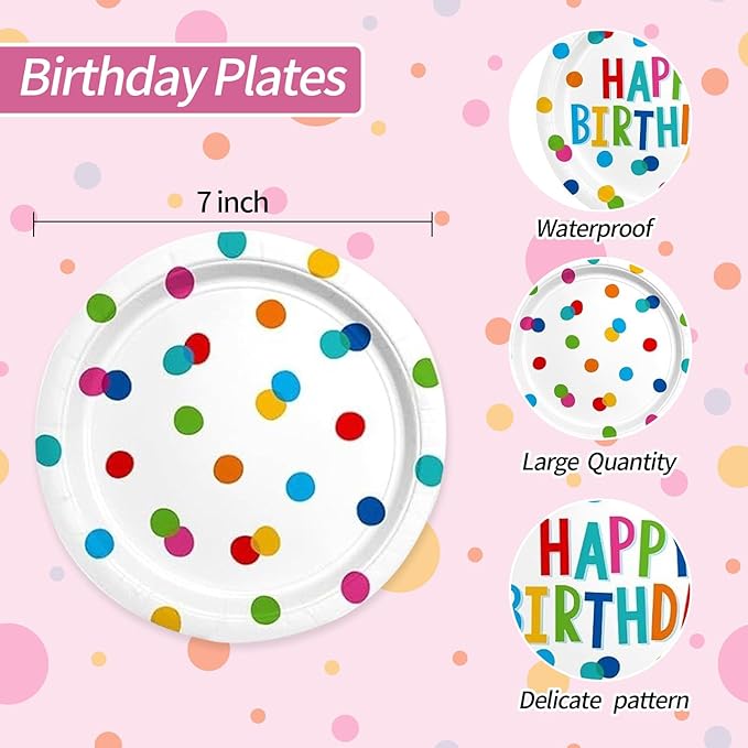 60PCS Happy Birthday Paper Plates and Napkins, Rainbow Dot Party Paper Plates Disposable Birthday Party Decorations Tableware Set for Kids Boys Girls