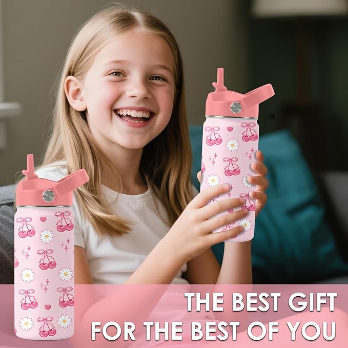 Cherry Gifts for Kids - 16oz Pink Kids Water Bottle with Straw Lid, Stainless Steel Insulated Tumbler, Leakproof, BPA-Free, for Girls, School, Travel - Cherry Lovers Children Birthday Gift Cup (1pc)